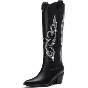 Women's Black Cowboy Boots for Wide High Western Calf Rhinestone Knee Tall Boots
